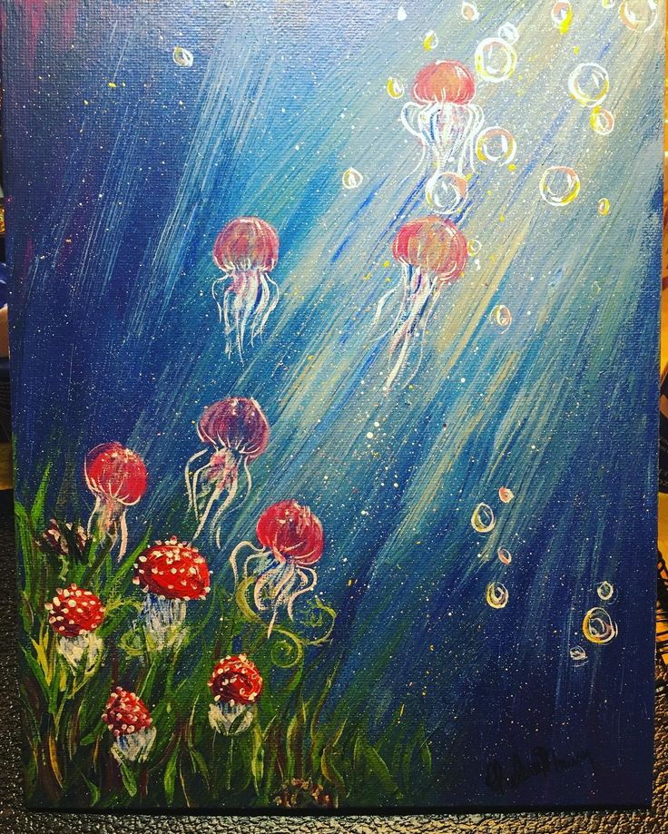 an acrylic painting of jellyfish in the ocean with bubbles floating around them