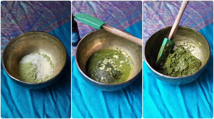 three pictures showing the process of making matchsticks in a bowl with green powder