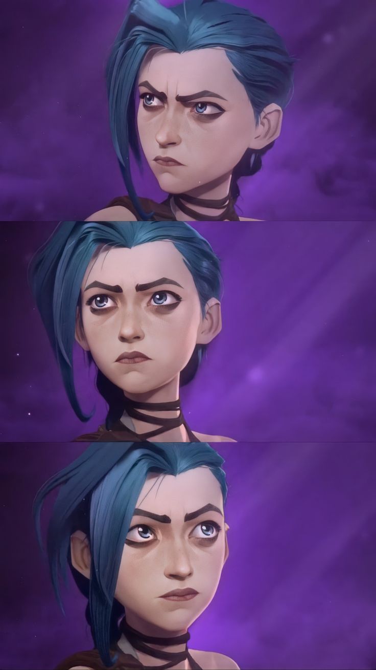 three different angles of the face of a person with blue hair and green eyes, in front of a purple background