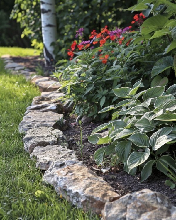 the garden is full of flowers and plants, along with stone edgings to create a border