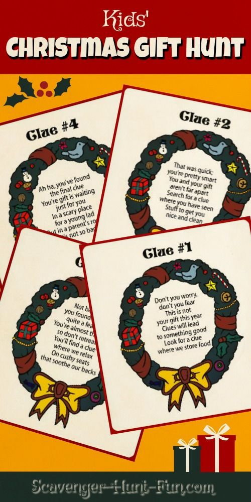 four christmas wreaths with the words kids's christmas gift hunt