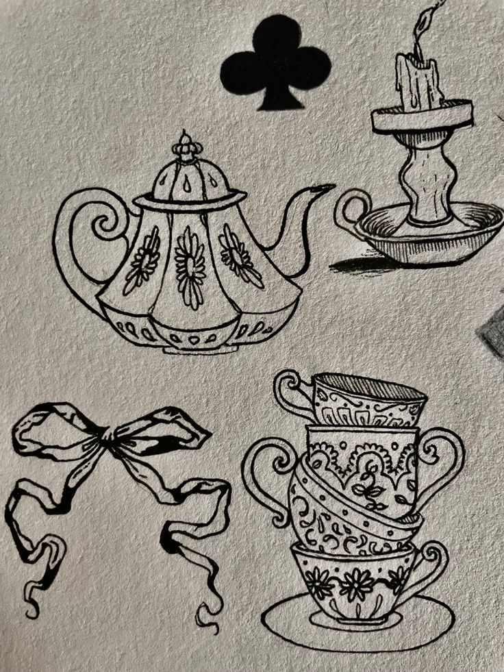 Alice In Wonderland Tea Cups Drawing, Simple Teacup Drawing, American Traditional Teapot Tattoo, Vintage Object Tattoo, How To Draw A Teacup, Yea Cup Drawings, Teapot Tattoo Design, Teapot And Cup Tattoo, Teacup Drawing Simple