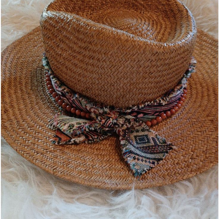 New No Tag Boho Bandana And Bead Adorned Comes 57cm Adjust Within Bohemian Brown Straw Hat, Bohemian Brown Wide Brim Straw Hat, Bohemian Woven Hat Bands For Rodeo, Bohemian Hats For Vacation, Bohemian Brown Sun Hat For Festivals, Bohemian Hat Bands For Summer, Brown Bohemian Sun Hat For Festivals, Bohemian Summer Hat Bands, Natural Bohemian Fedora With Short Brim