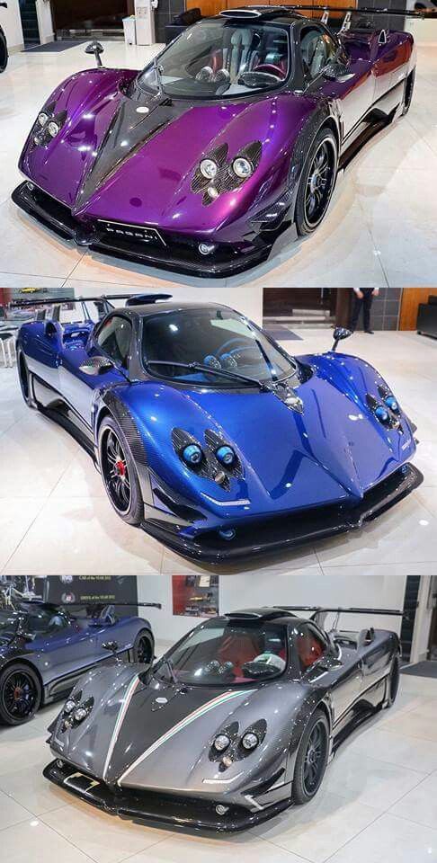 four different colored sports cars on display at an auto show, each with the same color scheme