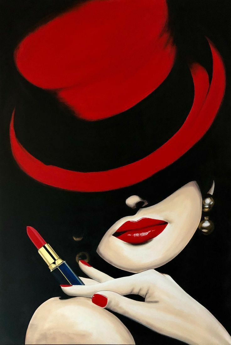 a painting of a woman with red lips and a black hat holding a lipstick brush