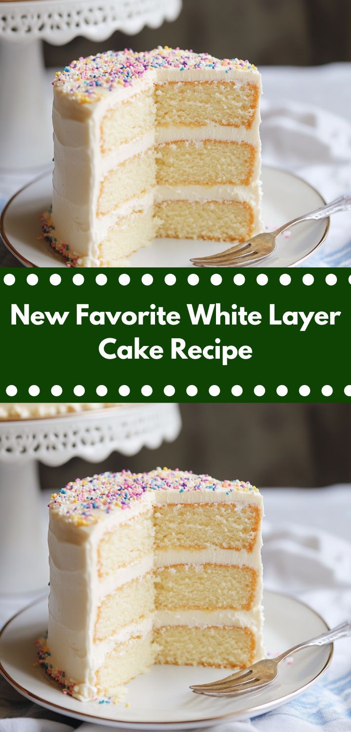 two slices of white layer cake with sprinkles on top and the words new favorite white layer cake recipe