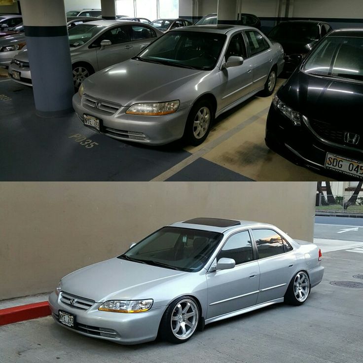 two pictures of cars parked in a parking garage, one is silver and the other is black