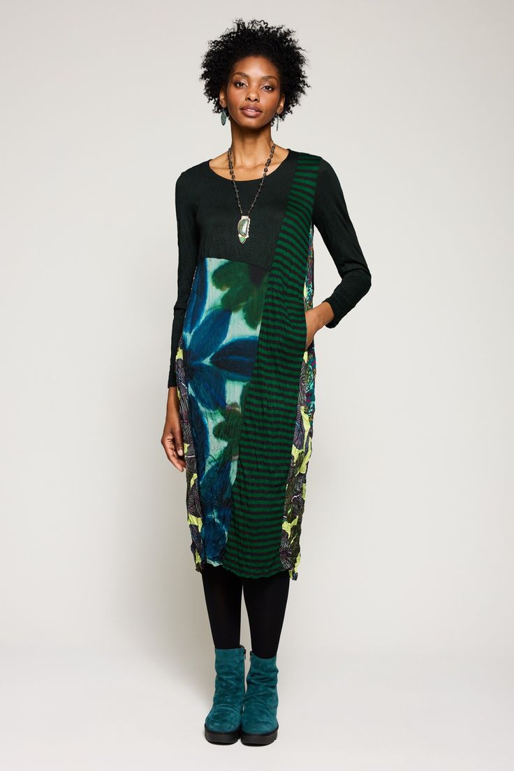 Knit Dress - This easy-fitting cocoon-style dress features an eye-catching patchwork crafted of striped and printed crinkle fabrics. Artful Home Clothing, Block Printed Dress, 2025 Moodboard, Mixed Print Dress, African Fashion Women Clothing, Artful Home, African Fashion Women, Office Attire, Printed Dress