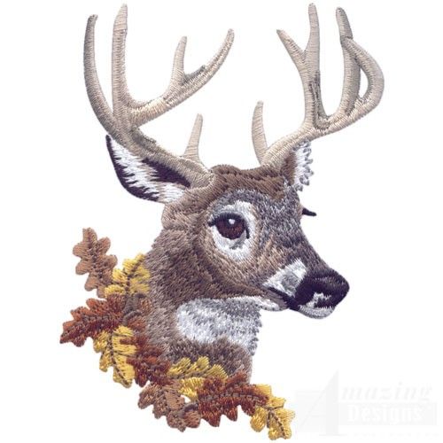 a close up of a deer's head with flowers on it