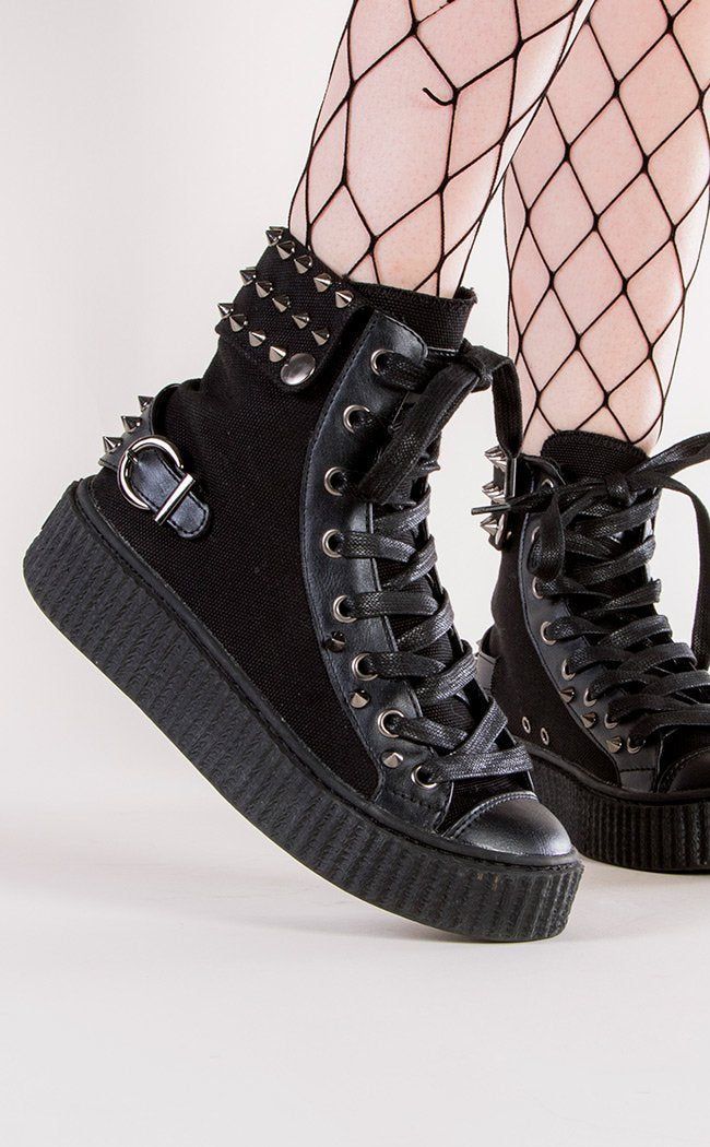 SNEEKER-266 Black Canvas Sneaker-Demonia-Tragic Beautiful Pleaser High Heels, Alt Shoes, Comfy Shoe, Demonia Boots, Street Goth, Alternative Shoes, Goth Boots, Gothic Boots, Demonia Shoes