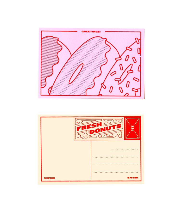 two envelopes with donuts on them are shown in red and pink colors, one is