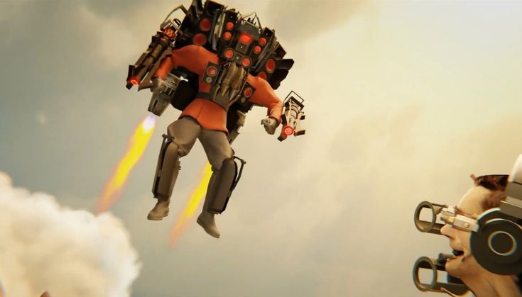 a man flying through the air while riding on top of a rocket ship next to another person