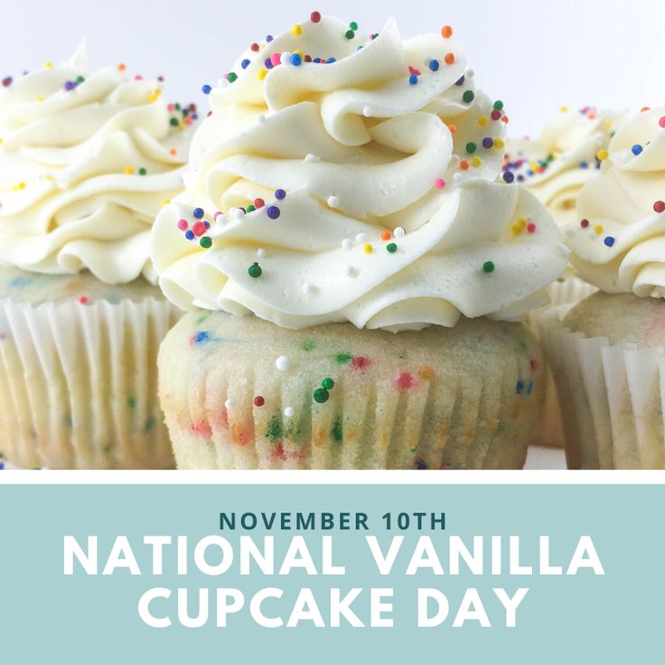 cupcakes with white frosting and sprinkles on them are displayed for national vanilla cupcake day