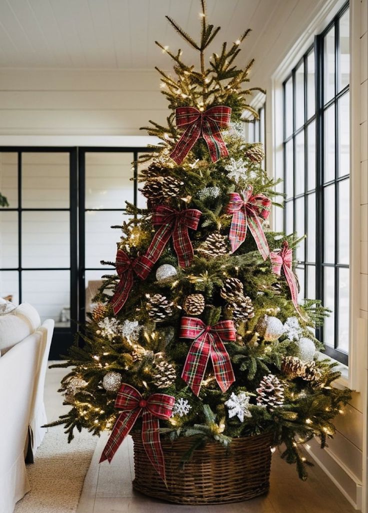 a decorated christmas tree in a basket