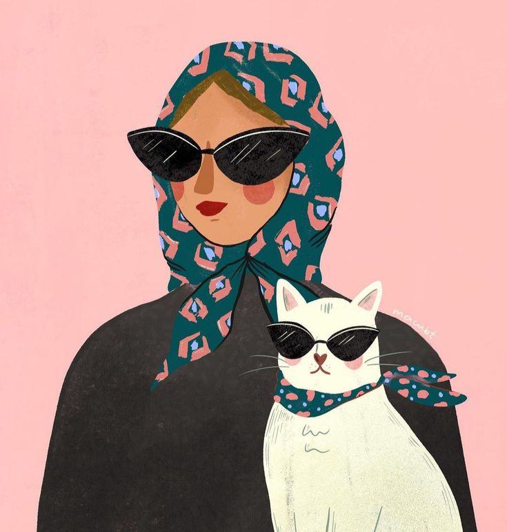 a woman with sunglasses and a cat wearing a scarf on her head is standing in front of a pink background