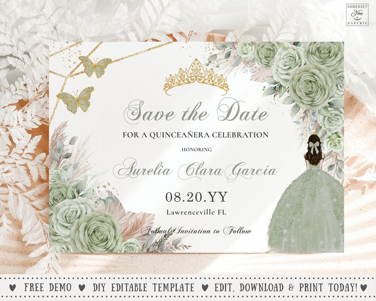 save the date card with flowers and leaves