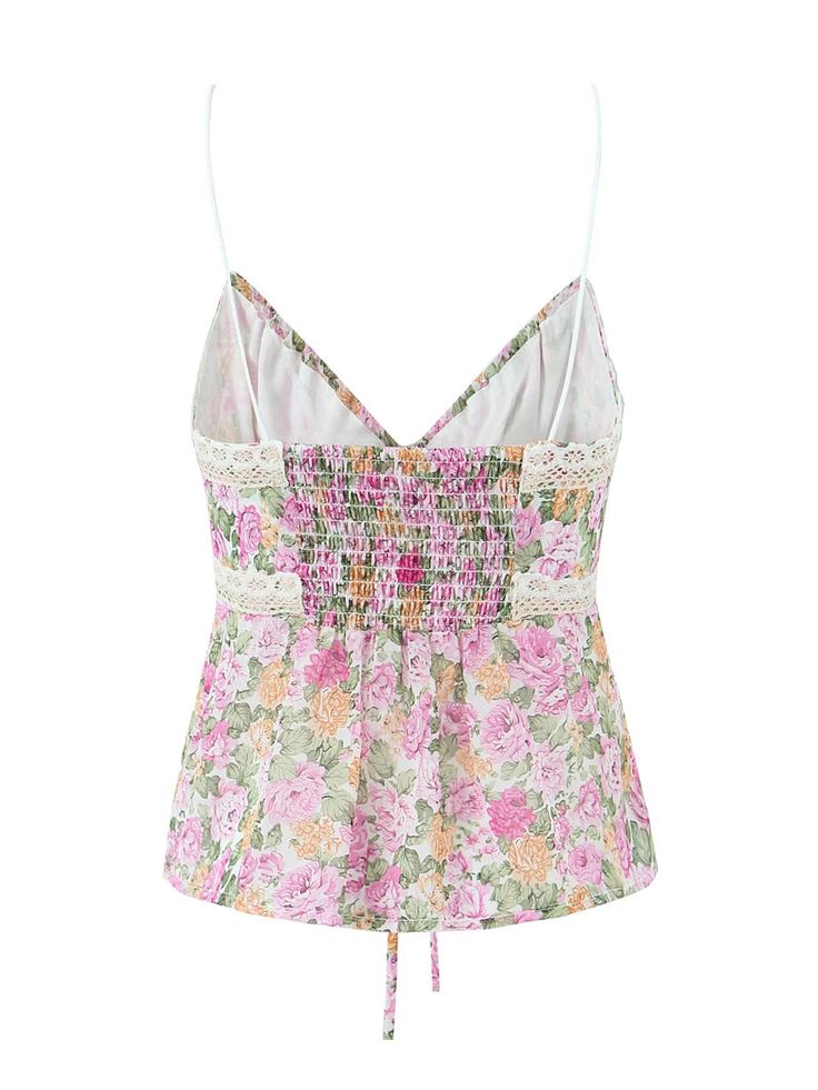 Size (inch) Bust Length XS 29.92 13.39 S 31.50 13.78 M 33.07 14.17 Fabric | Polyester Feminine V-neck Crop Top For Summer, Feminine Cropped Top For Vacation, Stretch Cropped Floral Print Crop Top, Pink Cropped Tops For Spring, Stretch Floral Print Cropped Top, Floral Print Stretch Cropped Top, Feminine Cropped Top For Beach, Floral Print Crop Top For Brunch, Feminine Summer Crop Top For Day Out