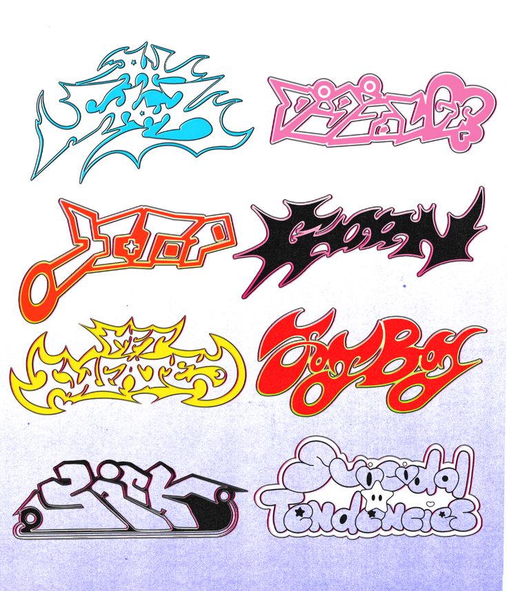 various graffiti stickers are shown on a piece of paper