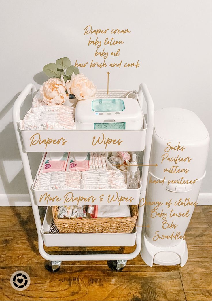 a white cart filled with lots of different items on top of a hard wood floor