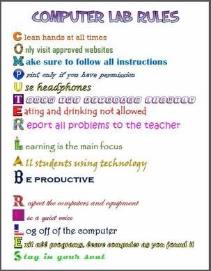 the computer lab rules poster is shown in multicolored letters and numbers on white paper