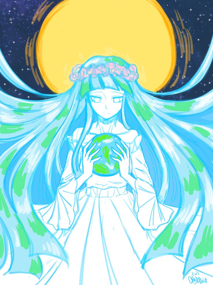 an anime character with long hair holding a globe in her hands and looking at the moon