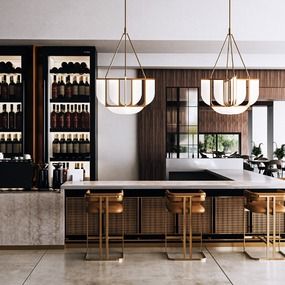 an empty bar with stools and bottles on the shelves in front of it 3d rendering