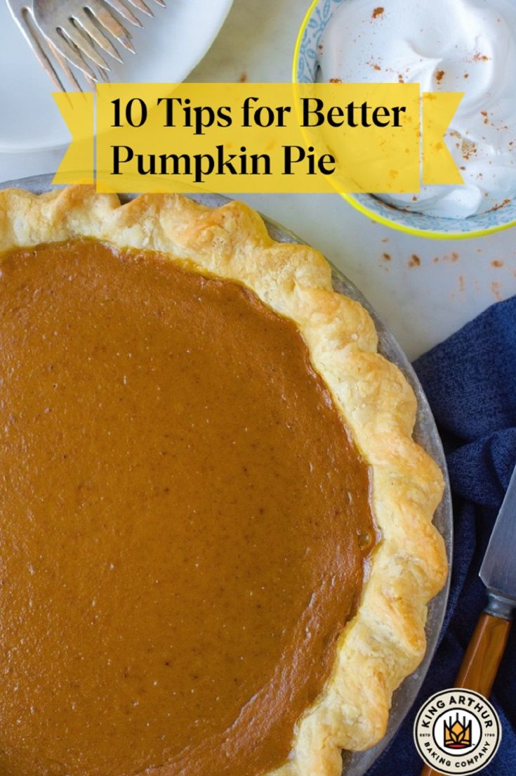 a pumpkin pie sitting on top of a table next to a knife and fork with the words 10 tips for better pumpkin pie