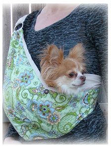 a woman holding a small dog in her sling