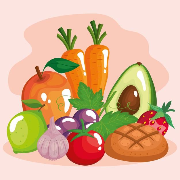 an assortment of fruits and vegetables on a pink background