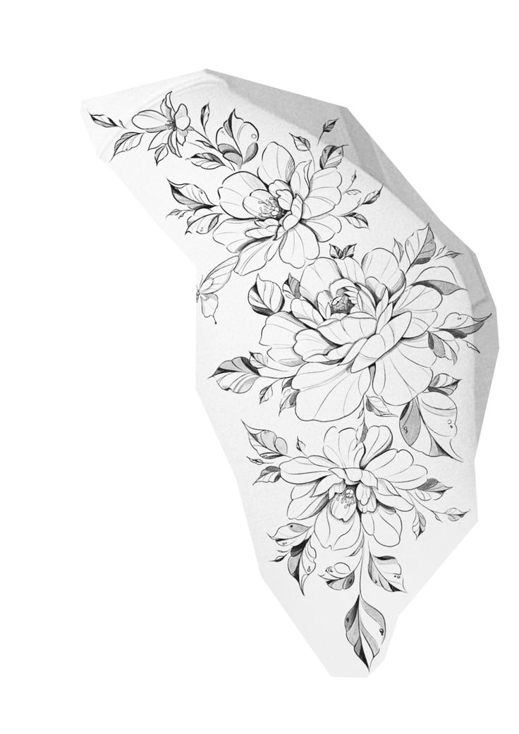 an umbrella with flowers painted on it is shown in black and white, against a white background