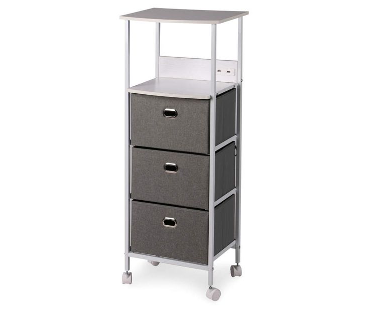 the three drawers are on wheels and one is gray with white top, while the other two