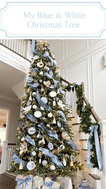 a christmas tree with blue and white decorations