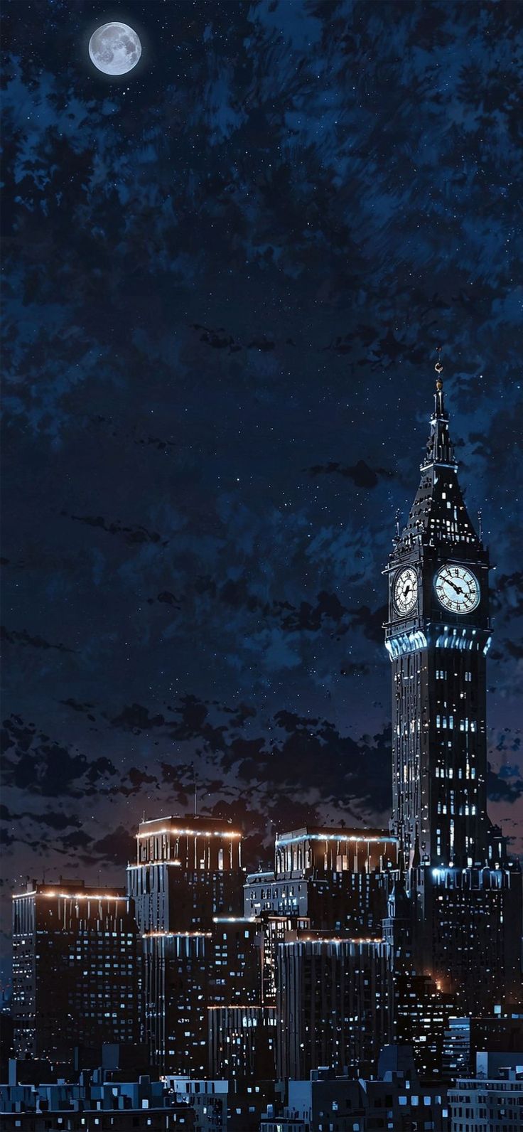 the big ben clock tower towering over the city at night with moon and stars in the sky