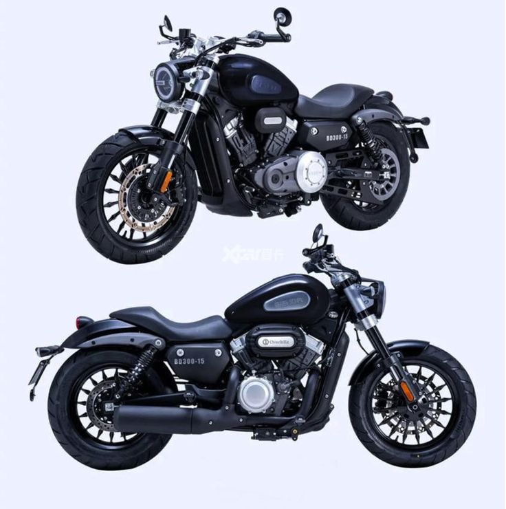 two black motorcycles side by side on a white background