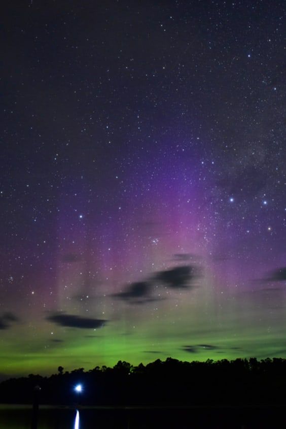 the night sky is filled with purple and green lights