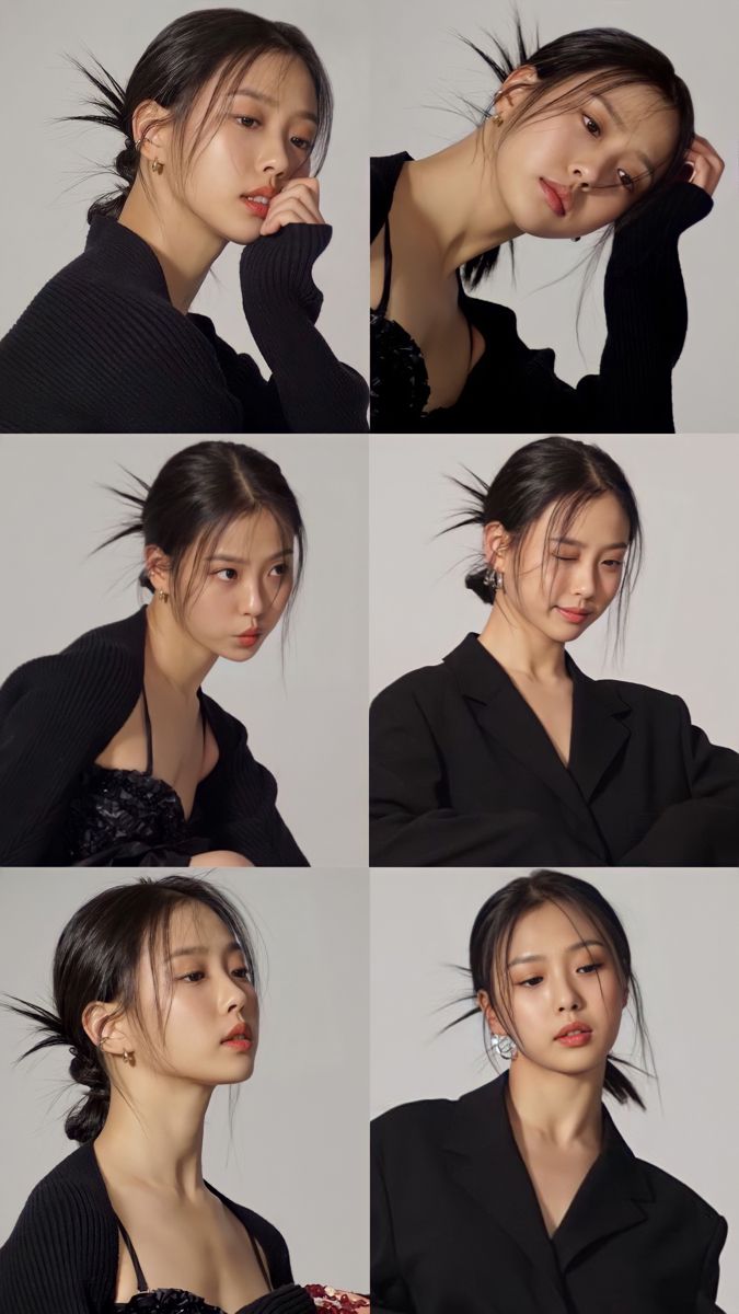 four different pictures of a woman with her hair pulled back