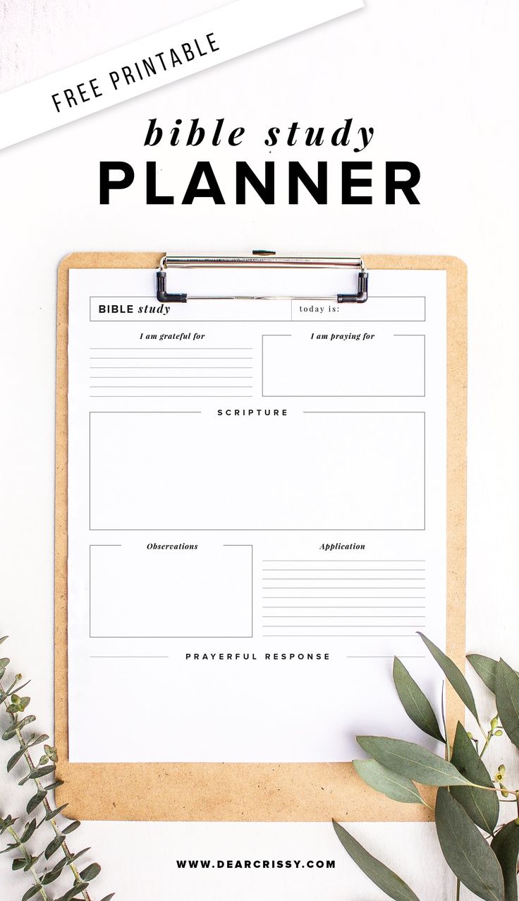 a clipboard with the text free printable bible study planner on it, surrounded by greenery