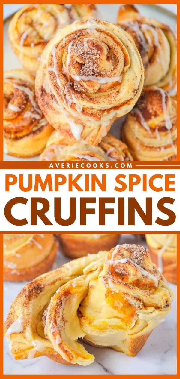 pumpkin spice crufffins with icing on top and cinnamon rolls in the background