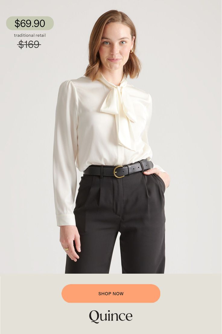 This polished blouse combines the best of both worlds. Wear the ties in a ladylike bow at the neck or leave them long and loose — whatever your mood calls for. Made of our bestselling premium mulberry silk, it has a hint of stretch for a flexible fit. Even better, it’s washable. As a bonus, silk fiber contains 18 kinds of amino acids that make it amazing for skin nourishment, hypo-allergenic, and naturally thermoregulating to help maintain body temperature.  | Quince | Women's Washable Stretch S Feminine Tie Neck Blouse With Bow, Silk Tie Neck Blouse For Formal Occasions, Formal Silk Tie-neck Blouse, Formal Silk Tie Neck Blouse, Elegant Tie Neck Blouse For Semi-formal Events, Elegant Tie Neck Blouse For Semi-formal Occasions, Elegant Semi-formal Tie Neck Blouse, Classic Silk Blouse With Tie Neck, Elegant Silk Tops With Bow Detail