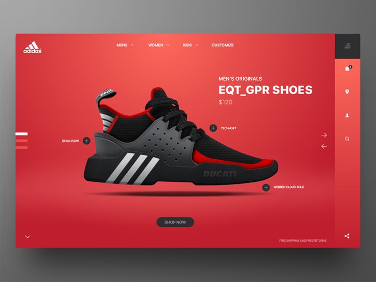 the website design for adidas is displayed on a red background with black and white shoes