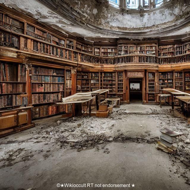 an abandoned library with lots of bookshelves and desks in the middle of it