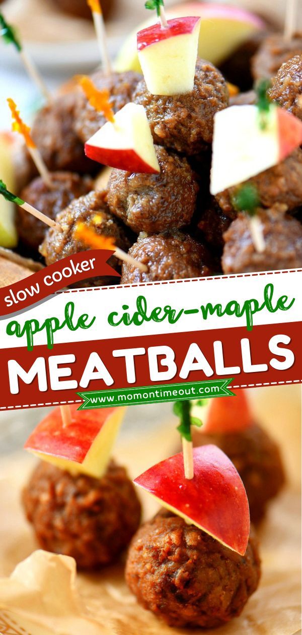 Slow Cooker Apple Cider Maple Meatballs, game day food, football party, snack ideas Meatballs With Apples, Fall Crockpot Recipes Meatballs, Fall Crockpot Meatballs, Apple Cider Meatballs Crockpot, Fall Meat Appetizers, Fall Football Recipes, Fall Party Food For A Crowd Crock Pot, Apple Appetizer Recipes, Fall Apple Appetizers