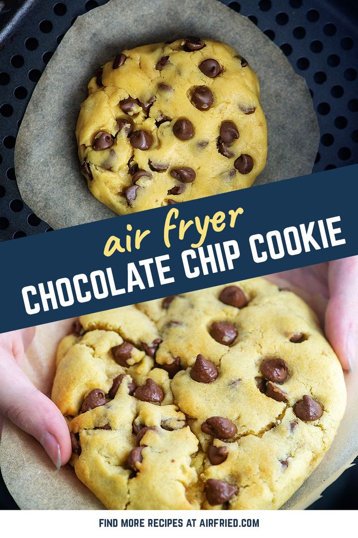 two chocolate chip cookies are being held in front of an air fryer with text overlay