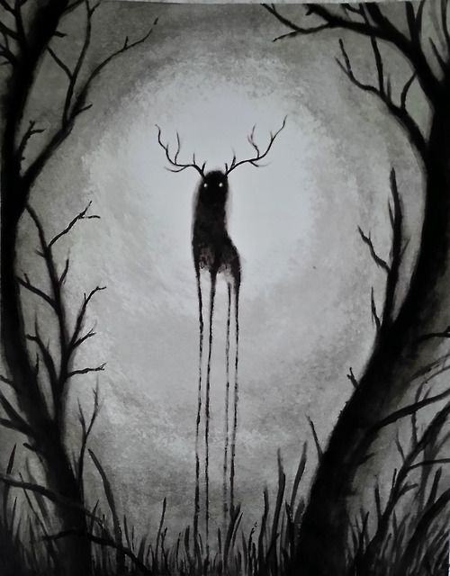 a painting of a deer standing in the middle of a forest with trees and moon behind it