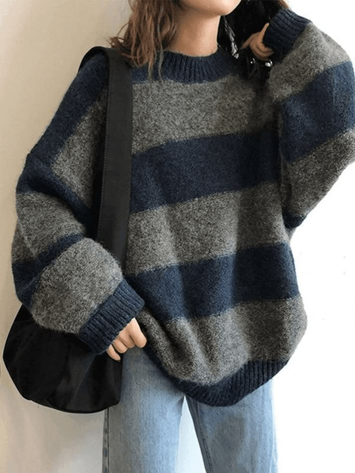 Striped Loose Round Neck Sweater Oversized Stripe Pullover Sweater - AnotherChill Streetwear Sweater, Oversized Striped Sweater, Striped Knitted Sweater, Retro Revival, Contemporary Streetwear, Oversize Pullover, Pull Oversize, Stripe Outfits, Loose Pullover