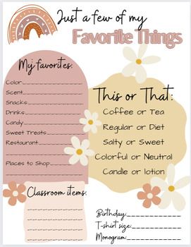 a recipe card with flowers on it and the words, just a few of my favorite things