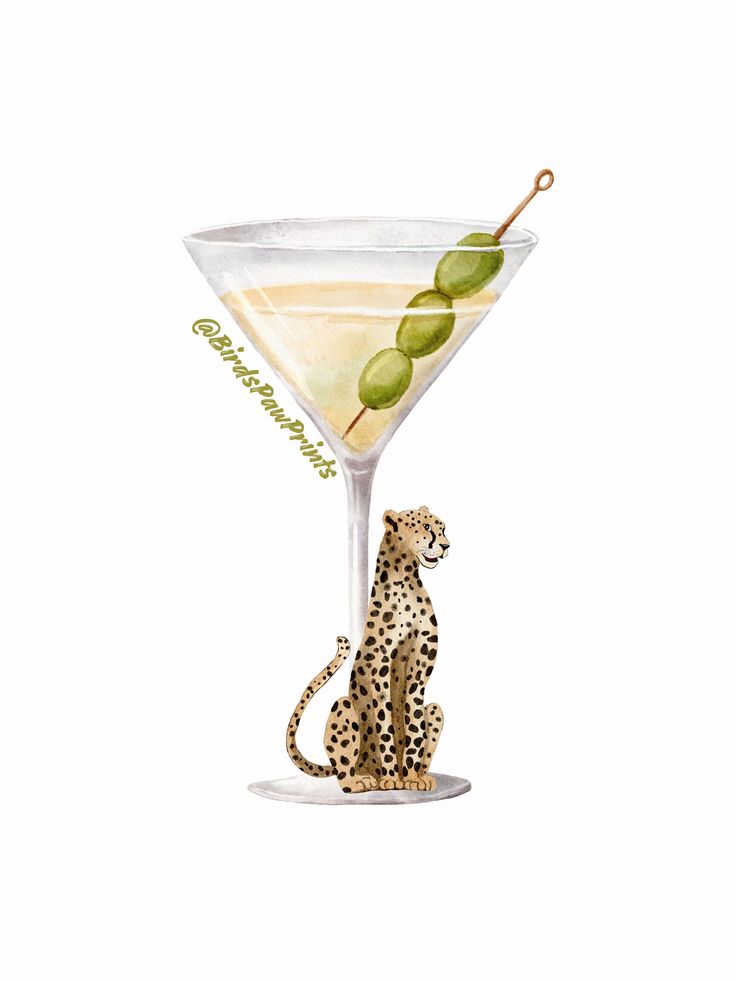 a painting of a cheetah sitting next to a martini glass filled with olives