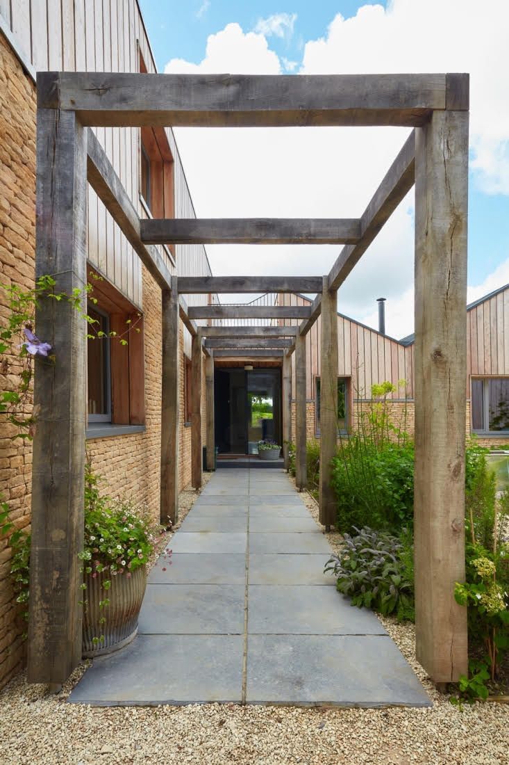 a walkway between two buildings with plants growing on each side