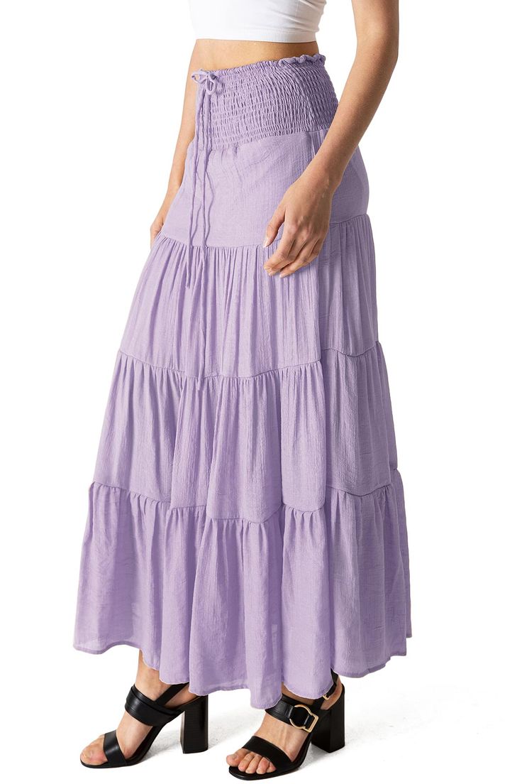 Boho skirt with full broomstick silhouette, with a smocked waist and a drawstring closure. Short lining underneath. CARE | Hand Wash Cold CONTENTS | Self/Lining: 100% Polyester MEASUREMENTS | 37"/94 cm Top to Bottom (Size Small) MODEL | 5'8 - wearing a size Small IMPORTED Long Purple Skirt, Cottagecore Skirt, Lavender Skirt, Boho Whimsical, Skirt Aesthetic, Skirts Flowy, Fun Outfits, Maxi Skirt Outfits, Boho Skirt