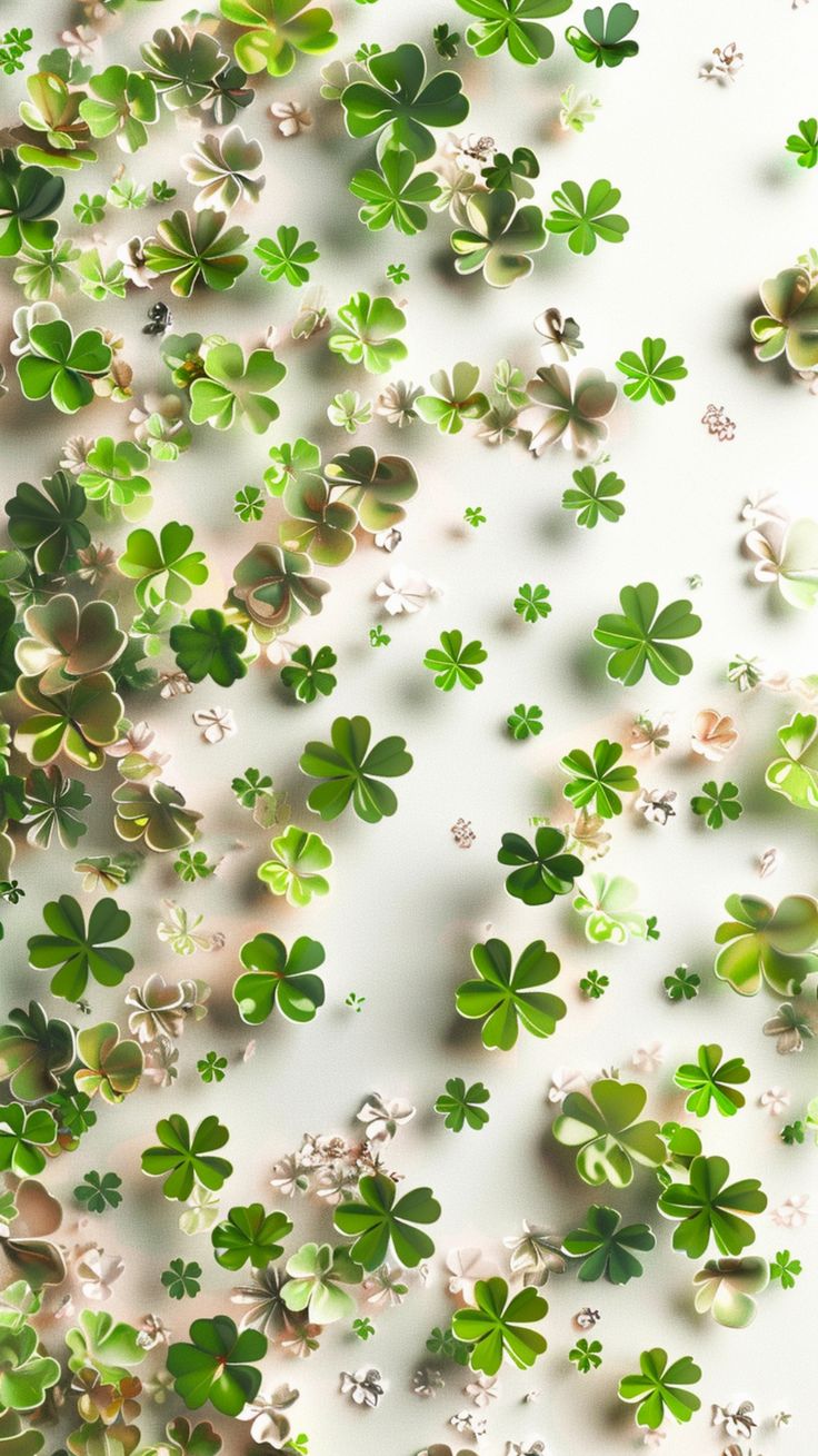 many clovers are floating in the air on a white surface with green and gold flakes